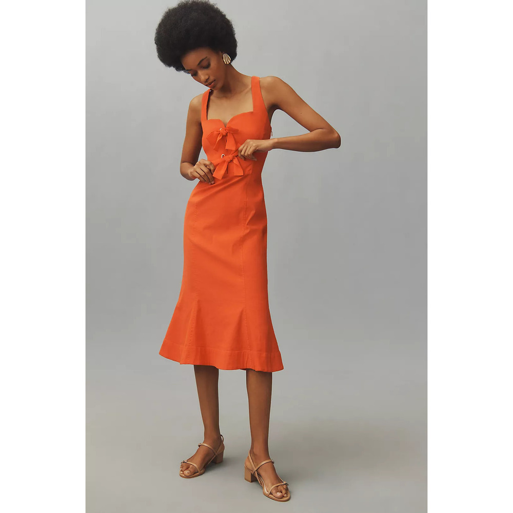 By Anthropologie Linen Tie-Front Midi Dress L NWT